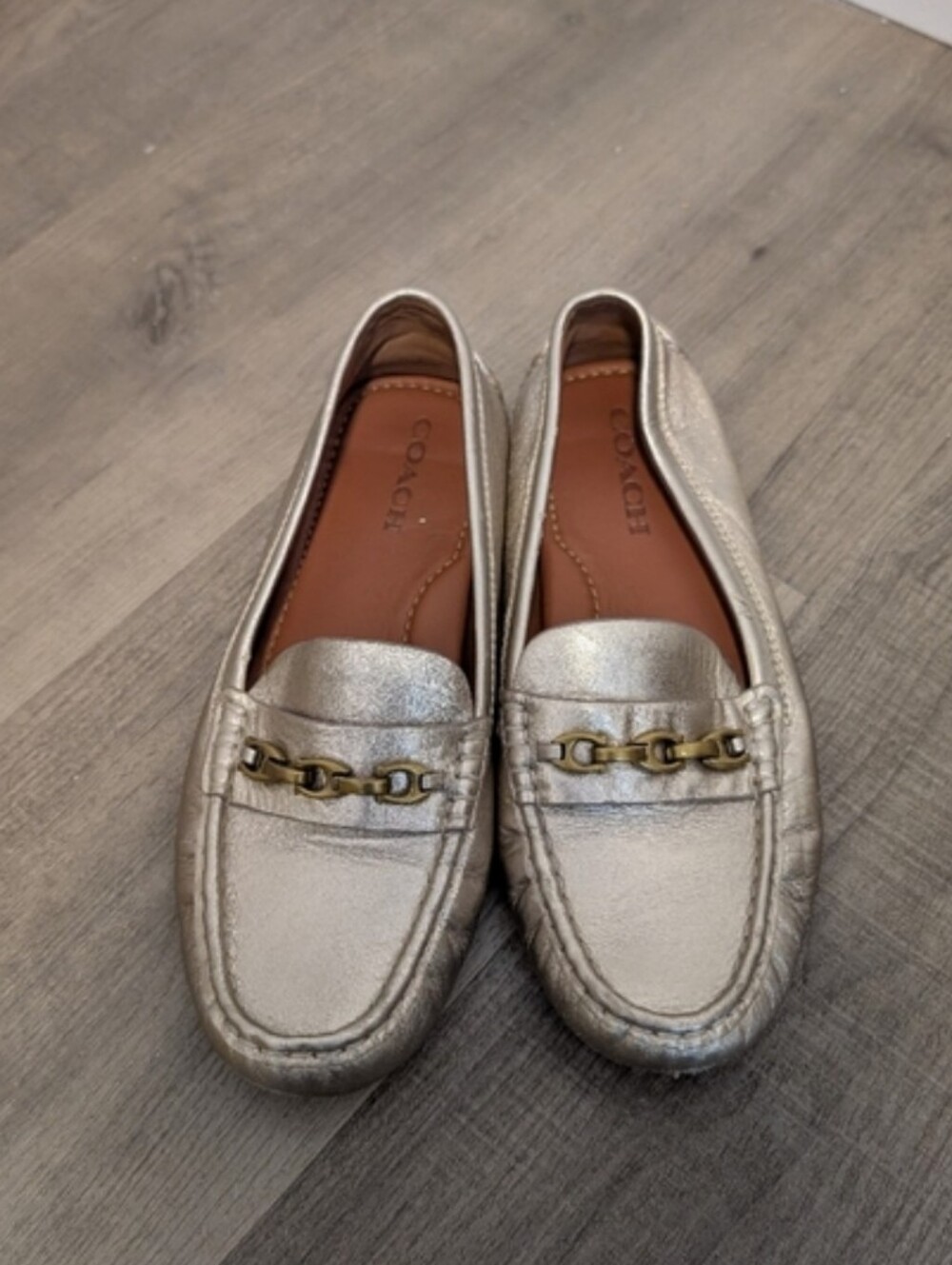 Women's Coach Champagne Metallic Loafers Size 9.5 Luxury Comfort Shoes